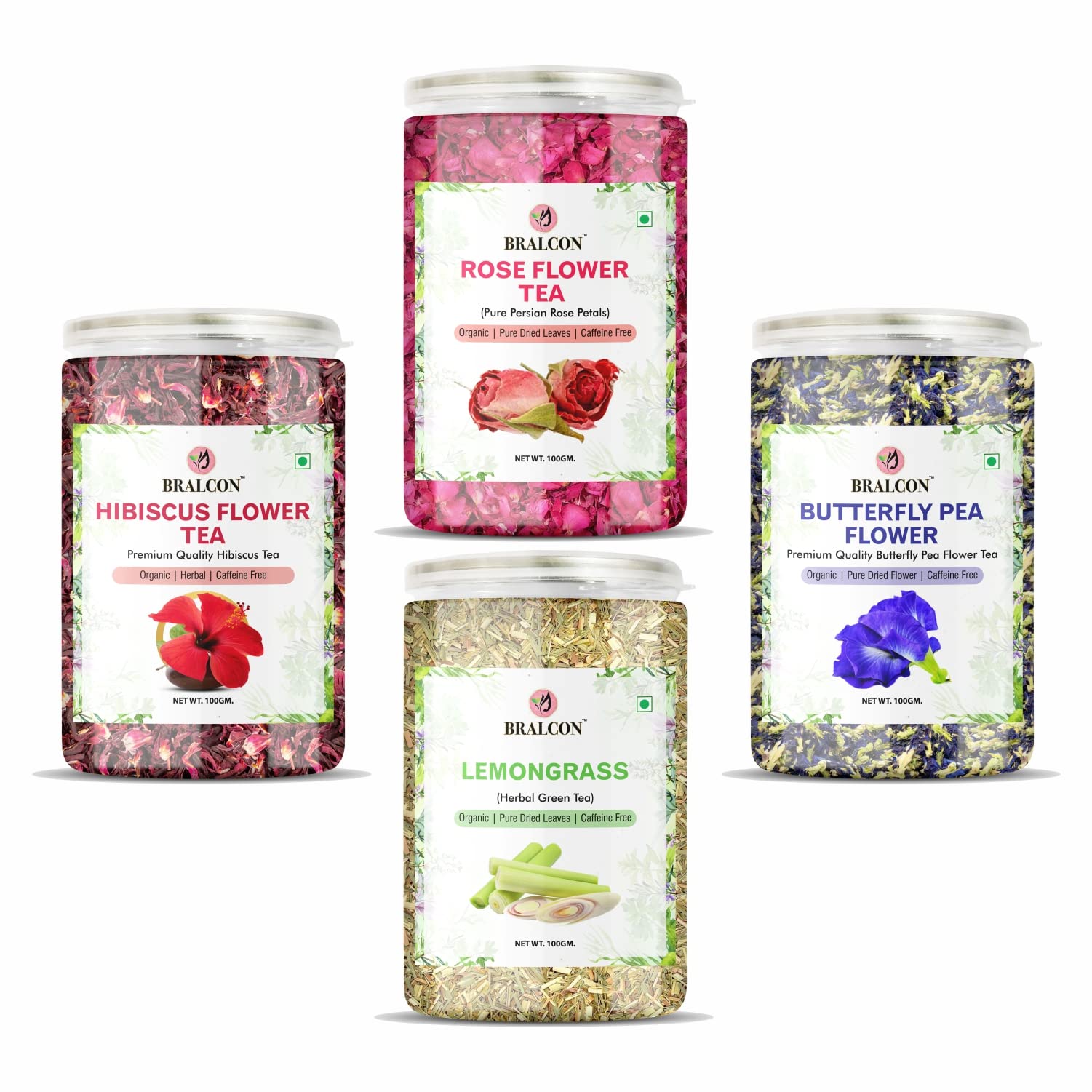 BRALCON Herbal Tea Combo Pack- Hibiscus Flower Tea, Butterfly Pea, Rose, Lemongrass - 400g(100g x 4) | Blue Pea | Premium Hibiscus | Rose |Antioxidant