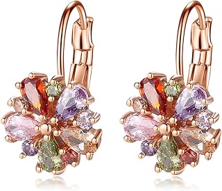 YOUFENG Huggie Hoop Stud Earrings for Women - 18K Rose Gold Plated Multicolored CZ Crystals, Hypoallergenic Fashion Jewelry Gift