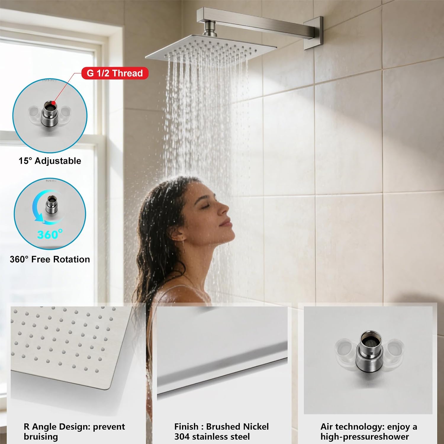 Midanya Rain Shower System Tub Shower Faucet Set Square Rainfall Waterfall Shower Head with Handheld Sprayer Tub Spout Combo Wall Mounted bathtub faucet set Rough-in Valve, 12 Inch Brushed Nickel