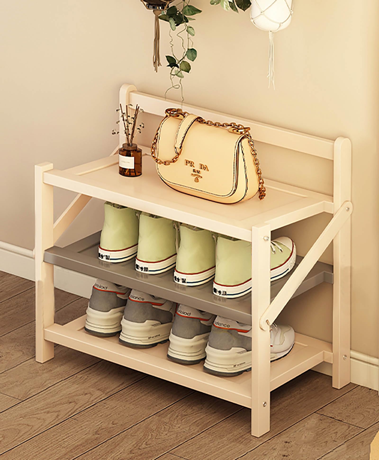 Organizador de zapatos de bambú con diseño plegable multicapa, estante de almacenamiento de zapatos para armario, entrada, banco, portátil y sin montaje (19.7 pulgadas de ancho x 9.37 pulgadas de