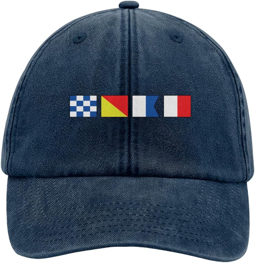 Name in Nautical Flags Personalized Vintage Washed Denim Cap, Custom Name in Nautical Flags Cap, Maritime Flags Baseball Cap for Men, Marine Signal Code Hat with Name, Gift for Sailor Men