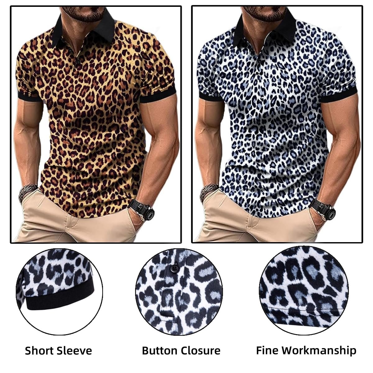 Herren Poloshirt mit Leopardenmuster, kurzärmeliges Casual-T-Shirt mit Leopardenmuster, knopfverschlossen normaler Stehkragen Golf- & Tennistop, klassisches schlankes Basic-Poloshirt für den Sommer
