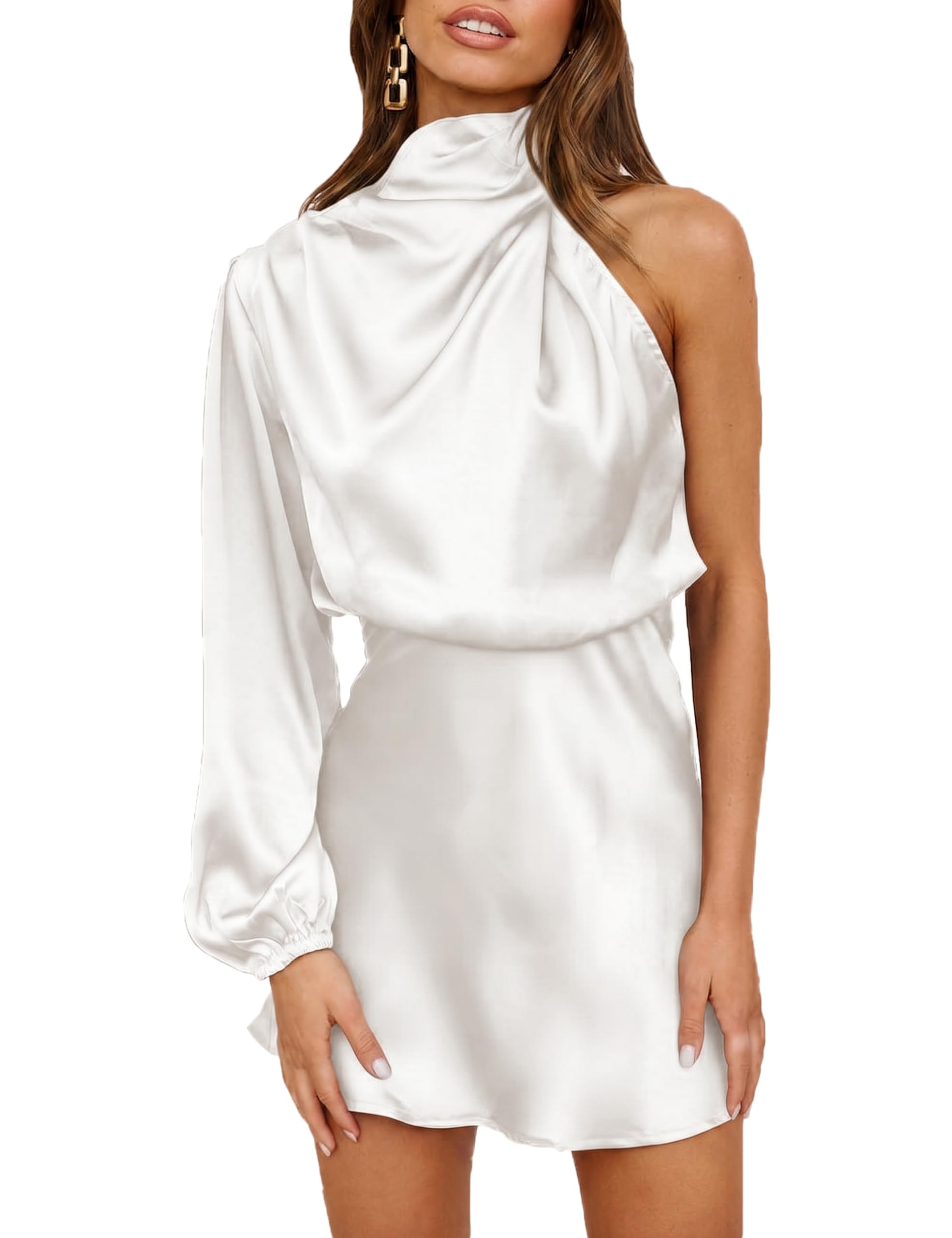 KOUNAI Women's Satin Long Sleeve One Shoulder Mini Dress, White, S, KN10
