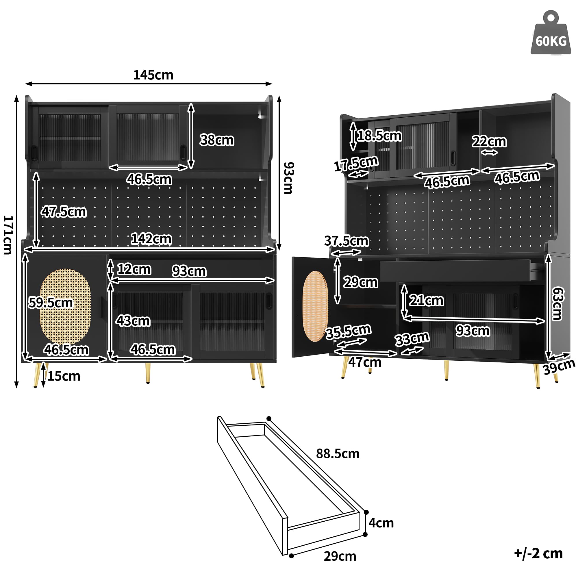 Kebnor Armadio laterale/armadietto da cucina/buffet, 145 x 39 x 171 cm, stile rustico, 5 ante, con striscia luminosa a LED e piastra di blocco in vetro, porte (nero)