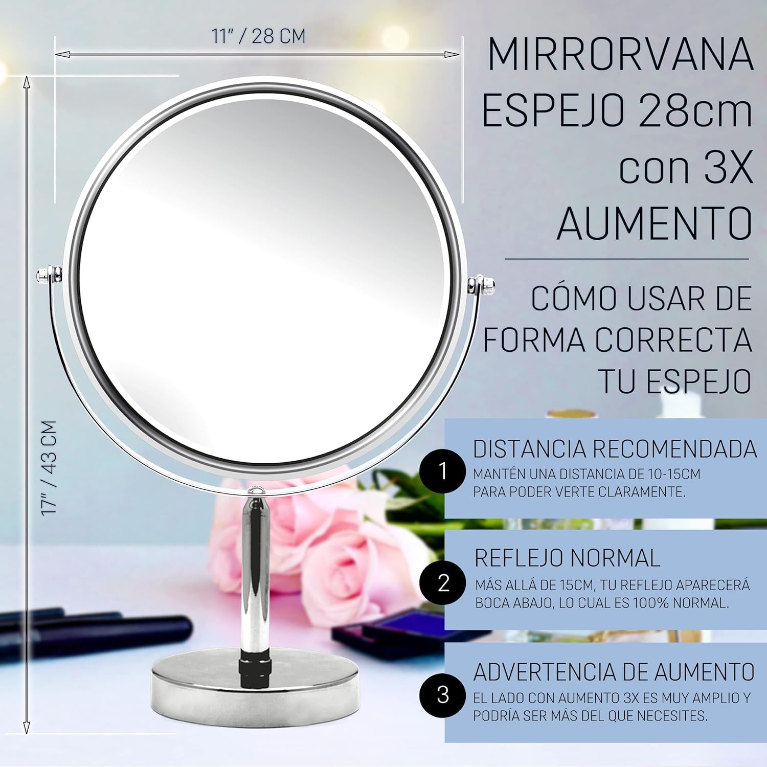 Mirrorvana Espejo Extra Grande de Maquillaje con Aumento 3X/1X de Doble Cara - Espejo de Mesa con rotación de 360° sin luz para baño y tocador - 43 cm x 28 cm