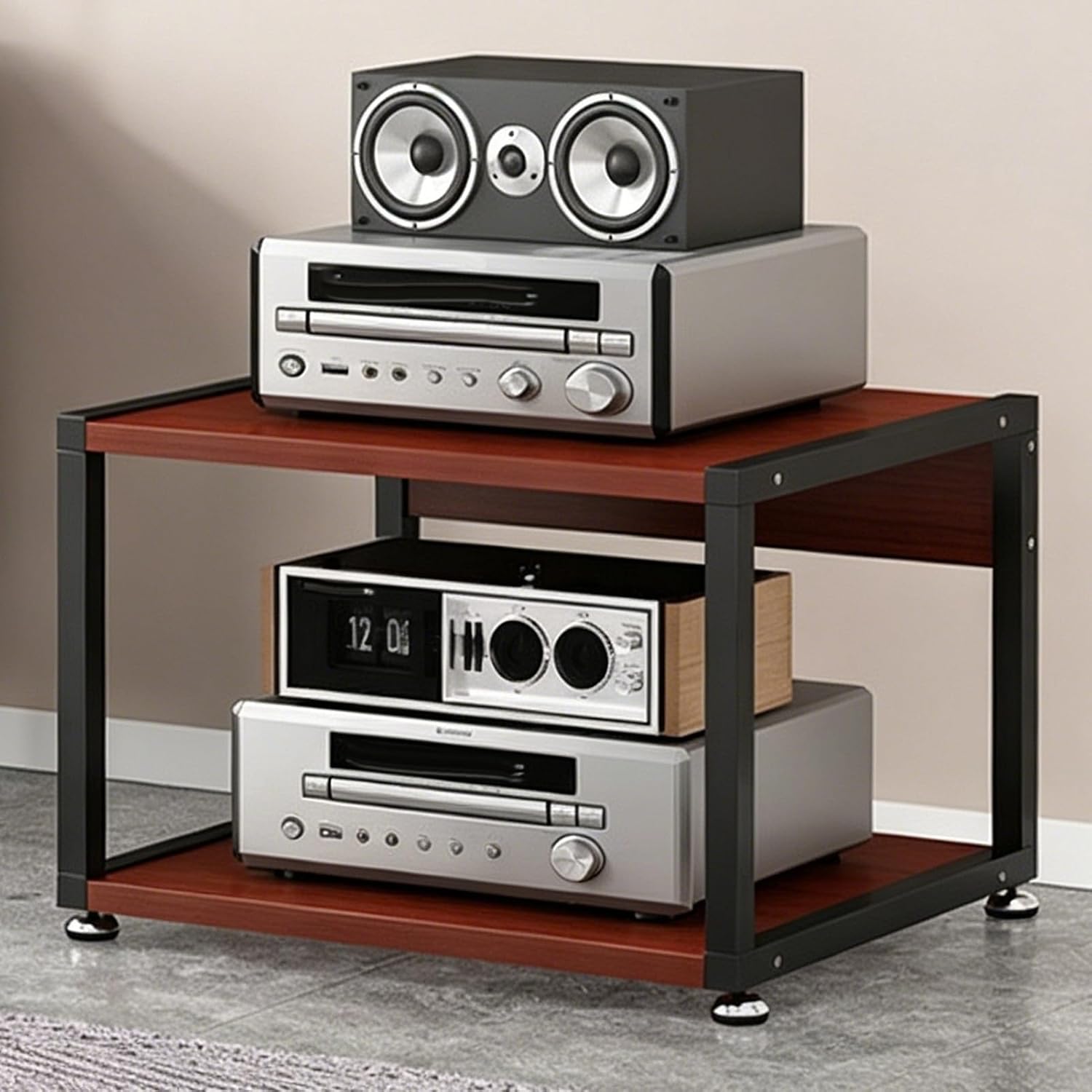 Corner AV Stand, 2-Tier Console Rack for Record Player & Gaming, Visual Shelving Storage Cabinet, Compact Design (Brown, 37cm/14.5in)