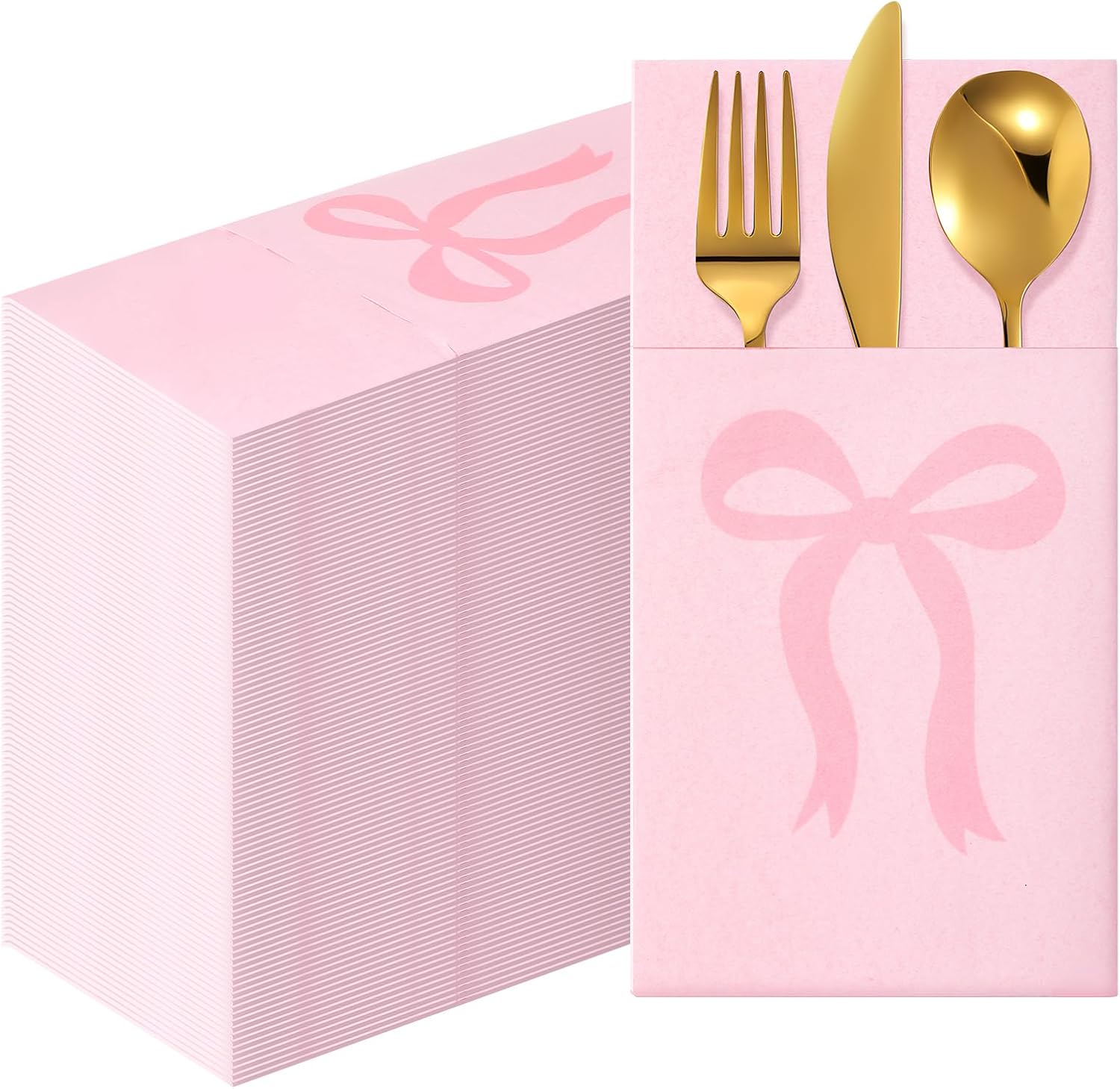 Janlaugh 60 Pcs Pink Bow Paper Napkins Linen Napkins with Built-in Flatware Pocket Christmas Coquette Cute Disposable Hand Towels for Silverware Dinner Wedding Baby Shower Birthday Party