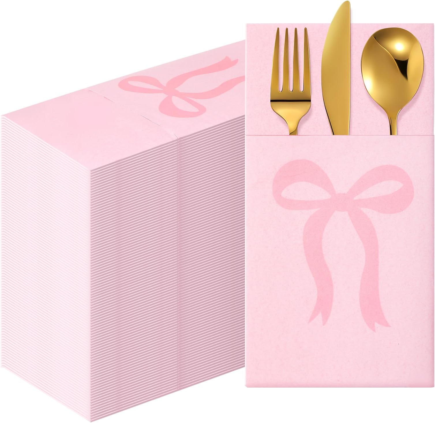 Janlaugh 60 Pcs Pink Bow Paper Napkins Linen Napkins with Built-in Flatware Pocket Christmas Coquette Cute Disposable Hand Towels for Silverware Dinner Wedding Baby Shower Birthday Party