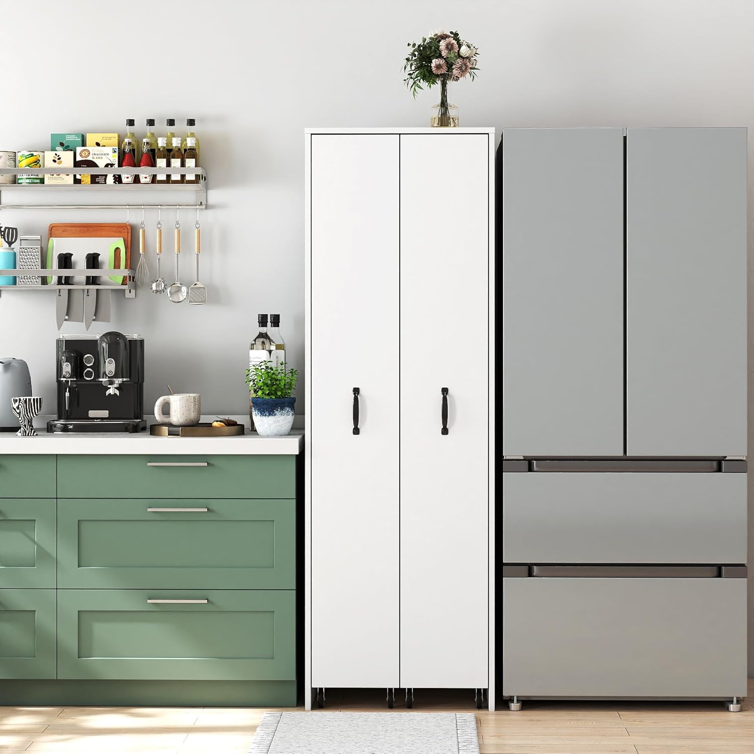 Food Pantry Cabinet with Pull-Out Shelves, White Slide Out Storage Cabinet with 2 Doors, 4 Tier Floor Standing Narrow Storage Bookcase on Wheels for Kitchen, Living Room, Office