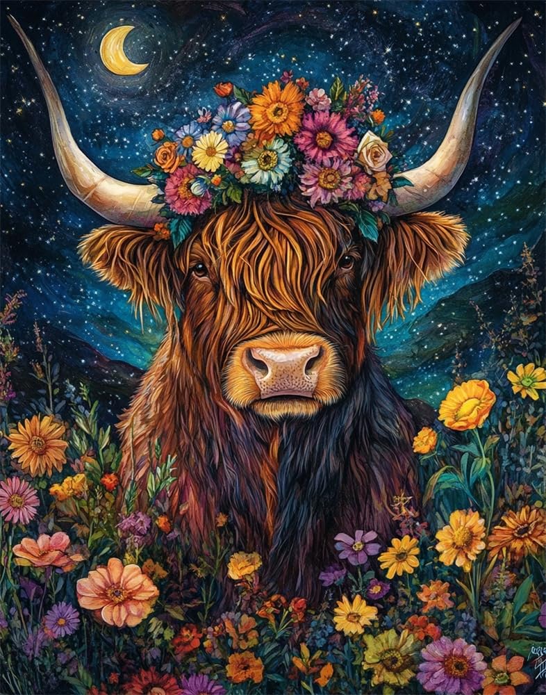 Henypt Stamped Cross Stitch Kits Embroidery Kit Highland Cattle Wearing A Floral-Wreath Hat 11Ct Pre-Printed Fabric Home Decor Stamped Patterns Starter Kits for Beginner Adults