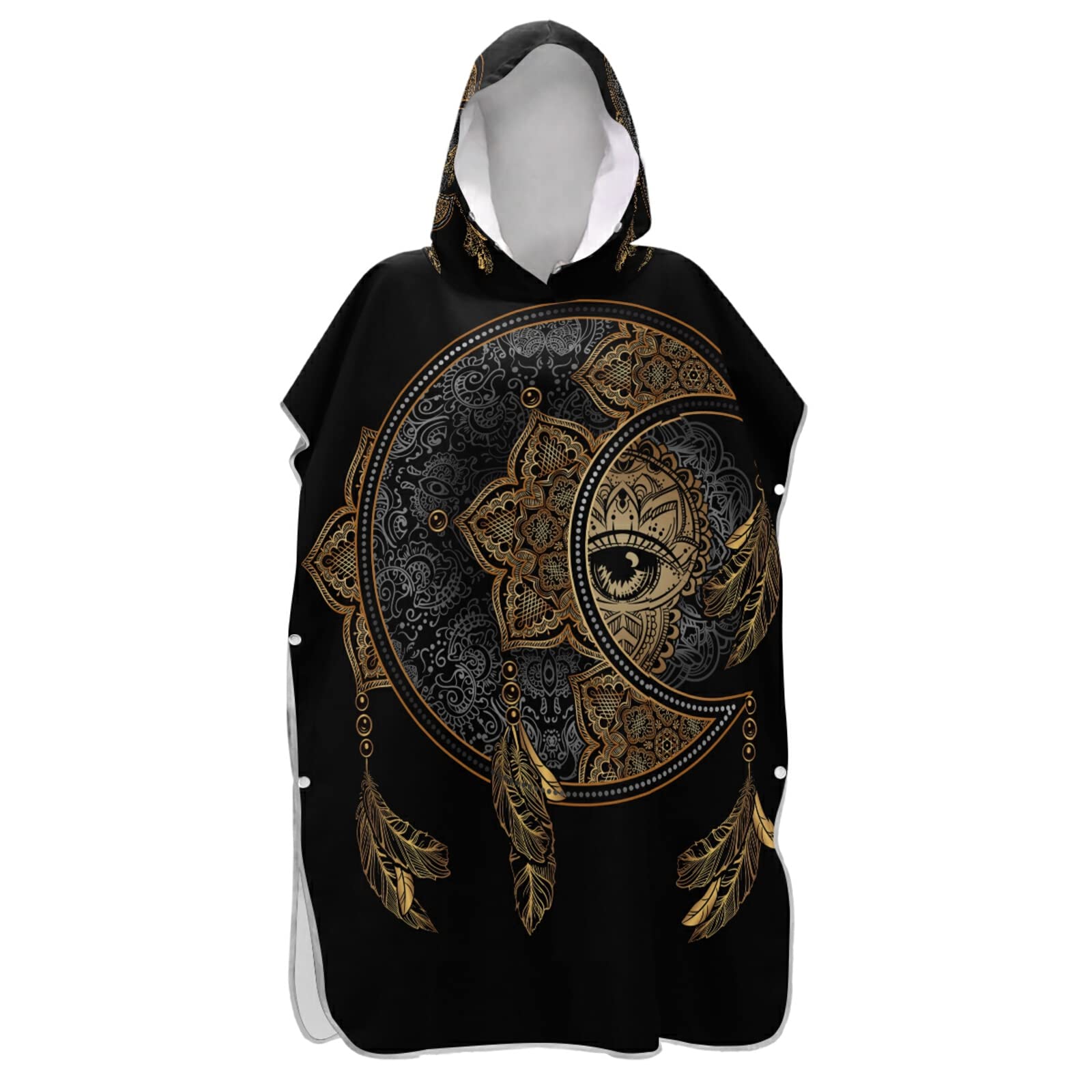 Poeticcity Golden Chic Tattoo Crescent Moon And Sun Mandala Astrology Adult Surf Poncho Changing Robe With Hood And Pocket,Quick-Drying Bathrobe,Microfiber Towel Wetsuit For Bath Beach Outdoor