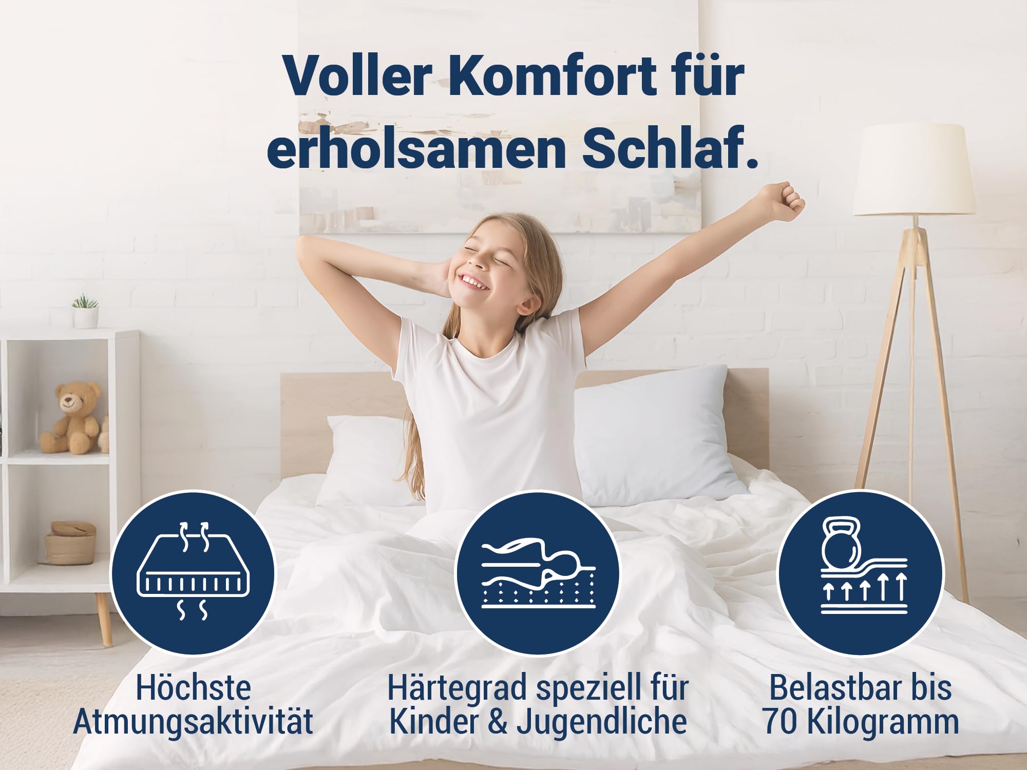 Betten-ABC Matratze 90x200 cm für Kinder & Jugendliche Oeko-TEX zertifiziert abnehmbarer waschbarer Polyester-Bezug
