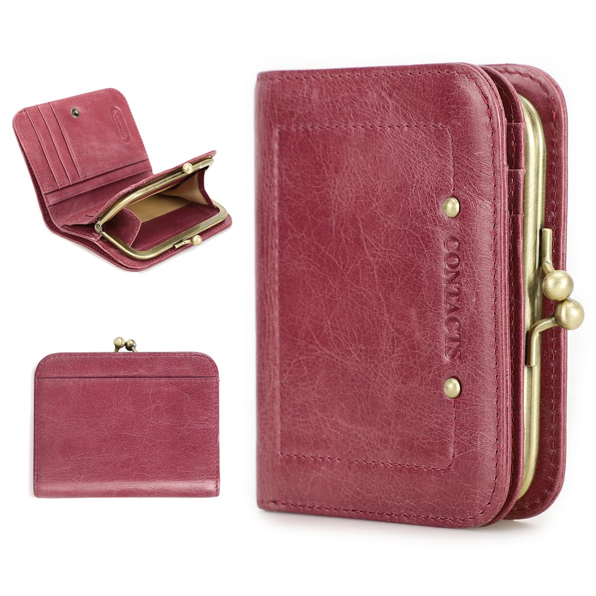 Contacts Cartera de piel auténtica con cierre de beso para mujer, monedero plegable RFID, Pasta de frijoles rosa, Bifold