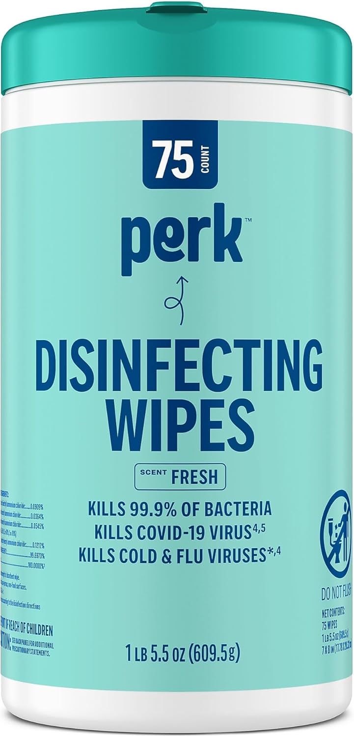 Perk Disinfecting Wipes, Lemon Scent, 75 Wipes/Canister, 6 Pack — Multi‑Surface Cleaning Wipes for Home, Office & Classroom