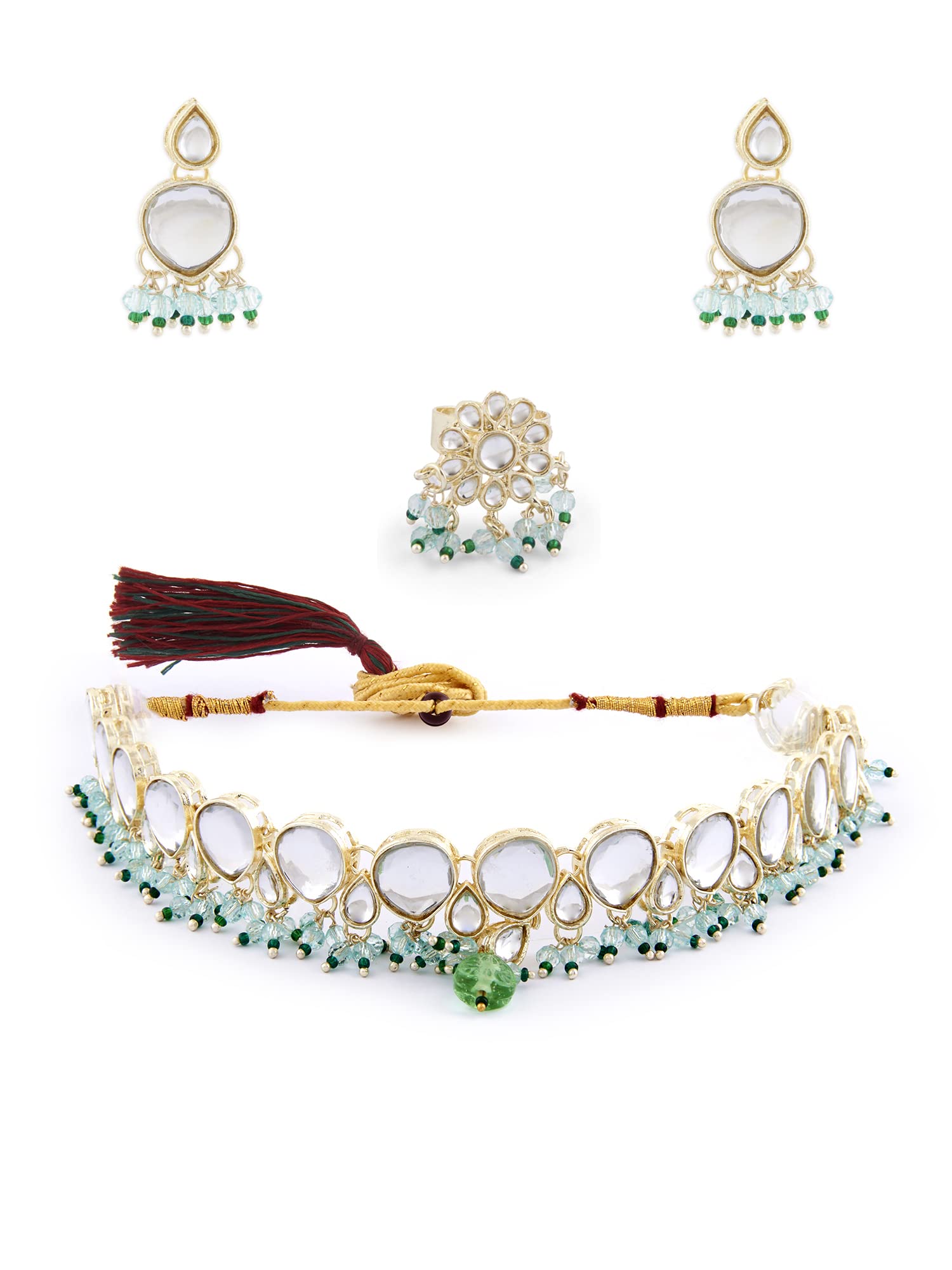 ZAVERI PEARLS Turquoise & Green Beads Drop Kundan Choker Necklace Earring & Ring Set For Women-ZPFK15658 (B0BVZQHK3L) Amazon Price History, Amazon Price Tracker