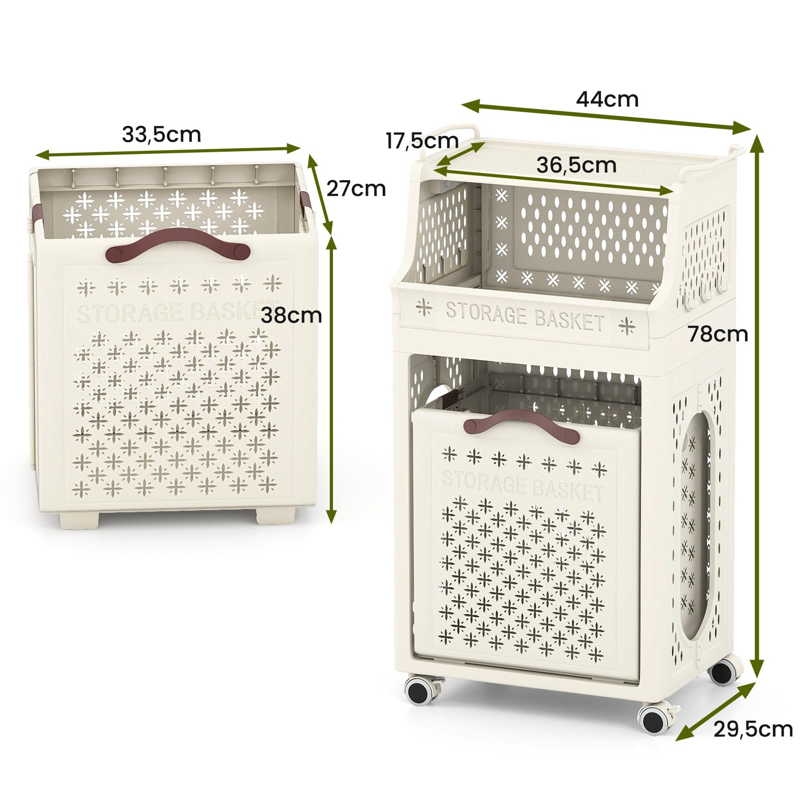 LIFEZEAL - Carrito de lavandería plegable de 3/4 niveles, cesta de ropa con ganchos, ruedas, carrito de almacenamiento móvil para lavandería, cuarto de baño, dormitorio (Beige2, 3 niveles sin barra de