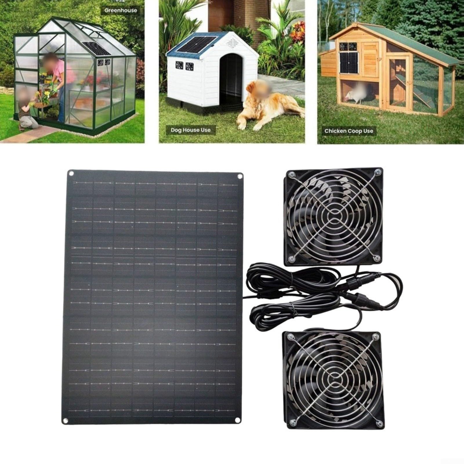 Kit ventola di scarico solare da 15 W con 2 ventole, impermeabile IP65, per ventilazione di polli, serre, animali domestici, circolatore d'aria a basso rumore