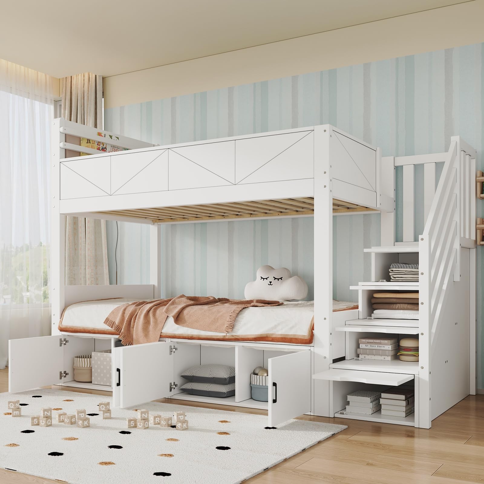 Sweiko Lit Superposé Enfant 90x200cm avec 4 Armoires, Escalier de Rangement