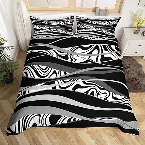 Miniatura 1 de Manfei Juego de funda de edredón geométrica gris, tamaño matrimonial, funda de edredón a rayas negras y blancas con 2 fundas de almohada, juego de