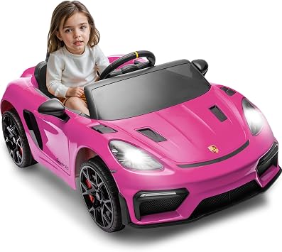 Licensed Porsche 718 12v Kids Electric Ride On Car with Parent Remote Control,Adjustable 2-5 Mph,LED Front&Tail Lights,Bluetooth Music Player,Soft Slow Start,Spring Suspension Pink