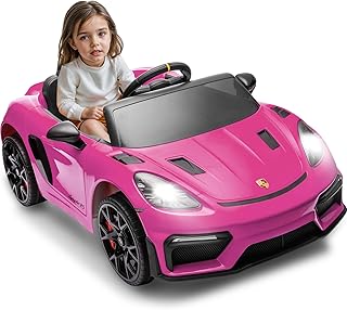 Licensed Porsche 718 12v Kids Electric Ride On Car with Parent Remote Control,Adjustable 2-5 Mph,LED Front&Tail Lights,Bluetooth Music Player,Soft Slow Start,Spring Suspension (Pink)
