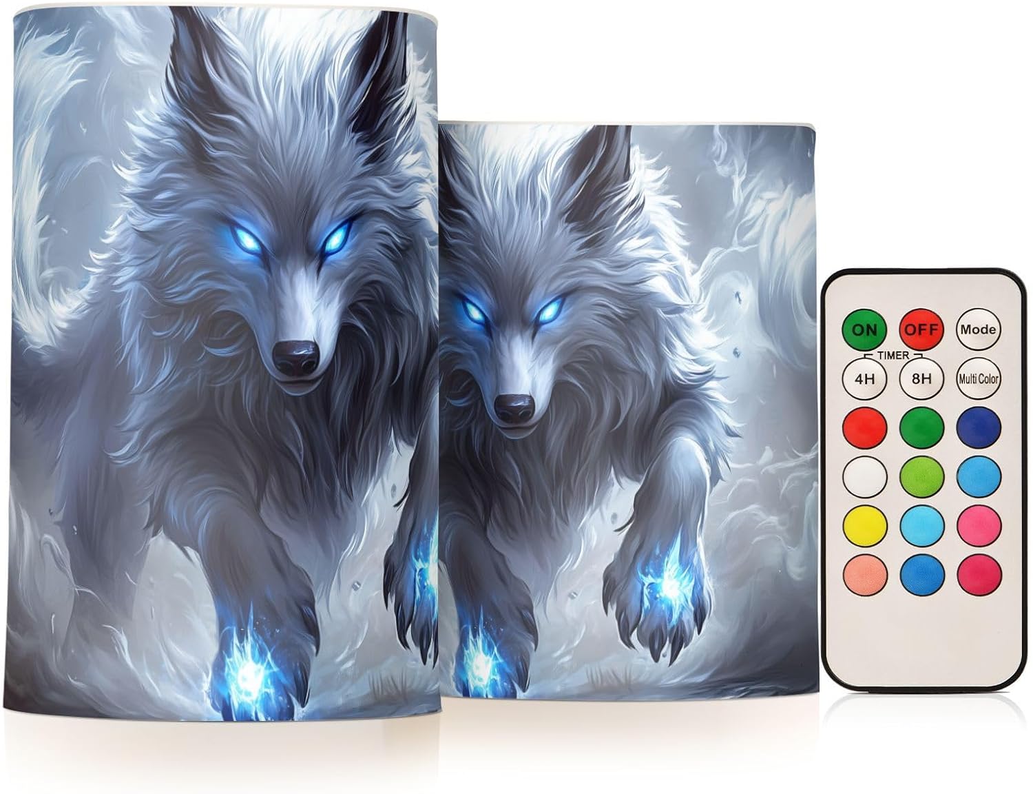 White Wolf with Glowing Blue Eyes Flameless Candles Battery Operated Color Changing LED Candles with Remote Control Timer Outdoor Indoor 2 Pack