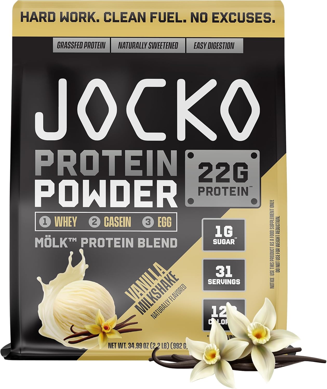 Jocko Fuel Mölk Whey Protein Powder 22g Protein - Low Sugar Monk Fruit Blend - Muscle Recovery
