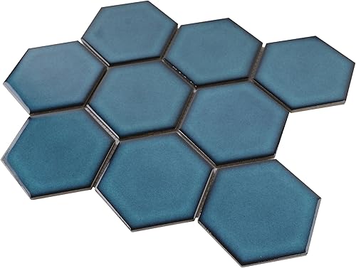 Miniatura 2 de Tile Generation TPMG-29 - Mosaico hexagonal de 4 x 4 pulgadas, porcelana, color azul cristal (pulido), 1 hoja