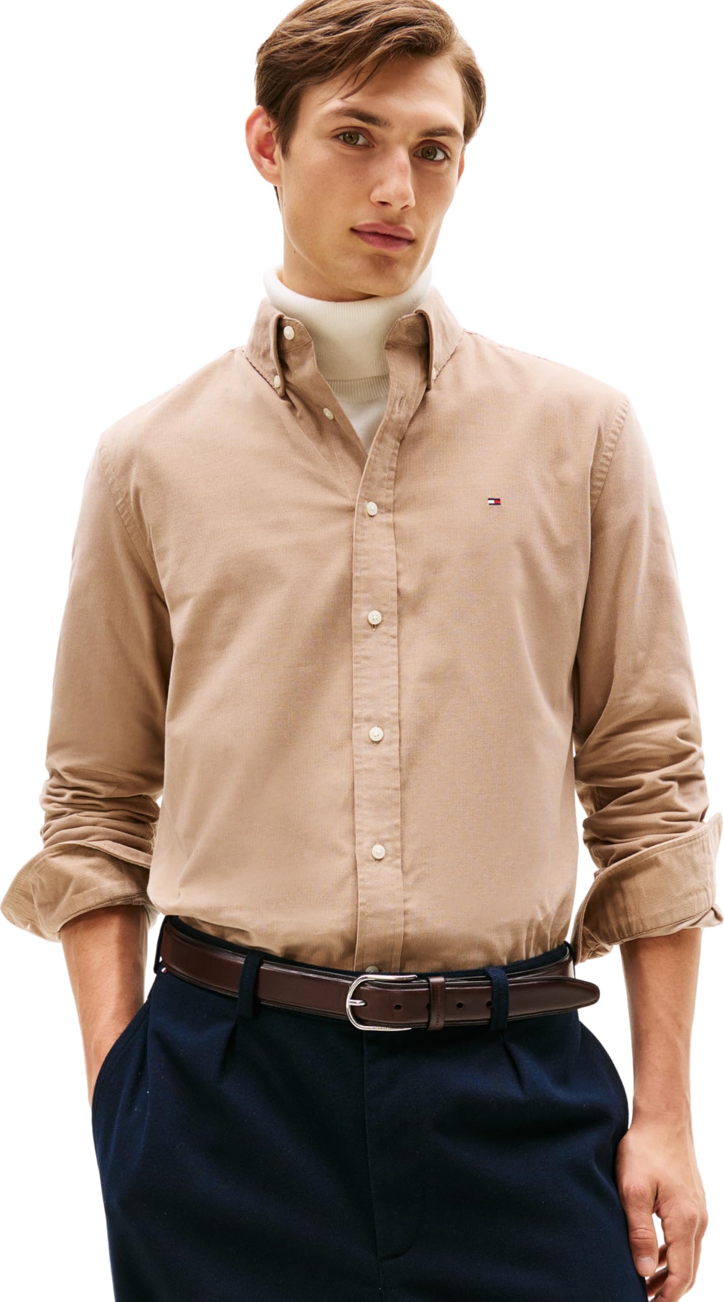 Tommy Hilfiger Men’s Solid Corduroy Regular Fit Shirt, Beige (Coastal Taupe), M