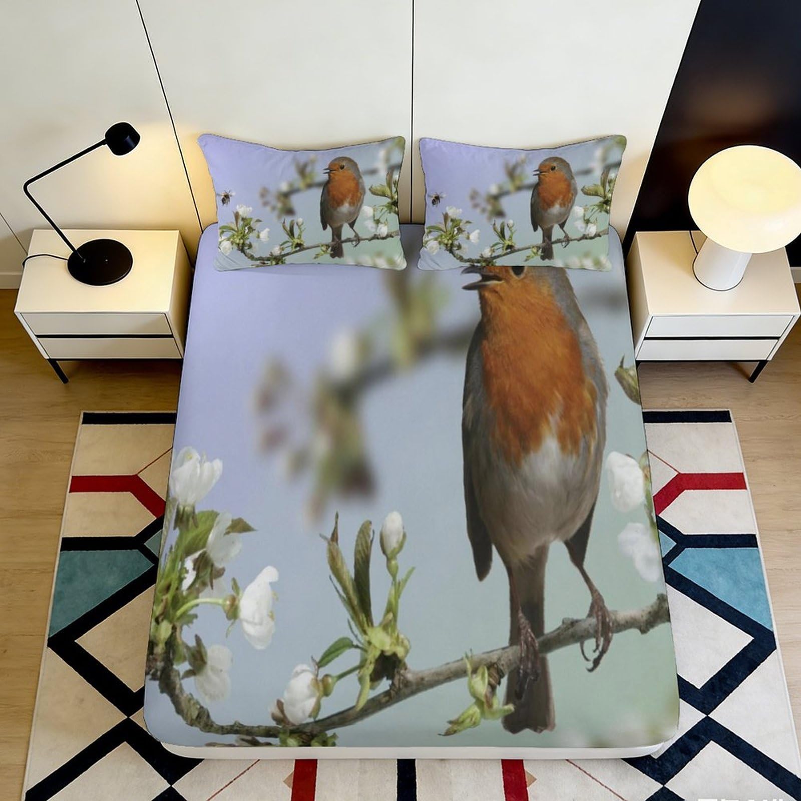 3D Printed Blossom Bird Fitted Sheet Microfiber Soft Bedroom Decor Robin Branch Mattress Cover for Adults Teens 90x200x25cm