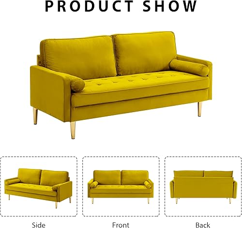 Miniatura 6 de Hdxdkog Sofá biplaza de terciopelo, 66.9 pulgadas, asientos pequeños y modernos de mediados de siglo con 2 almohadas y patas doradas, cómodo sofá