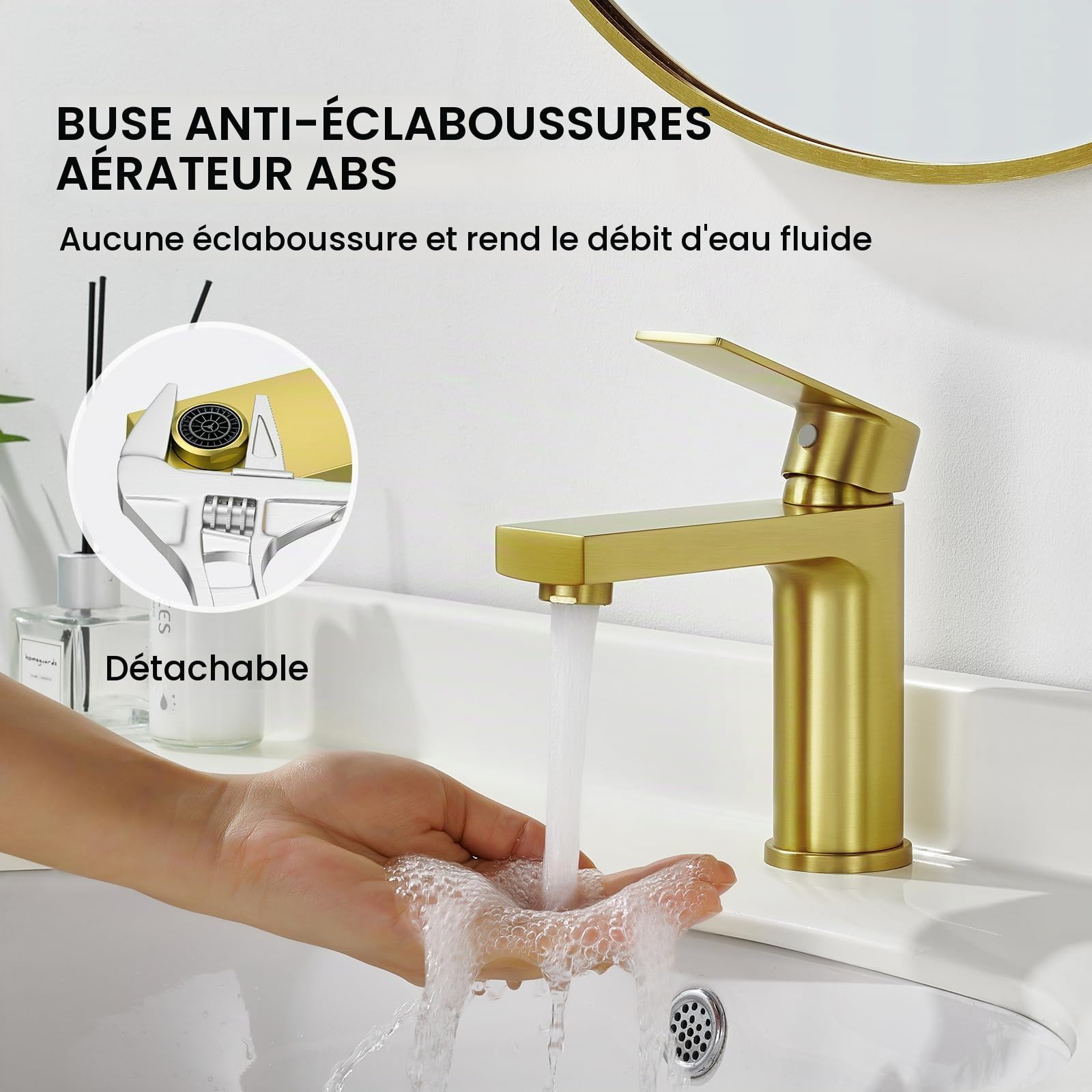 Robinet de Lavabo pour Salle de Bain Rectangulaire avec Pop-up Vidage, Mitigeur Monocommande Monotrou, doré