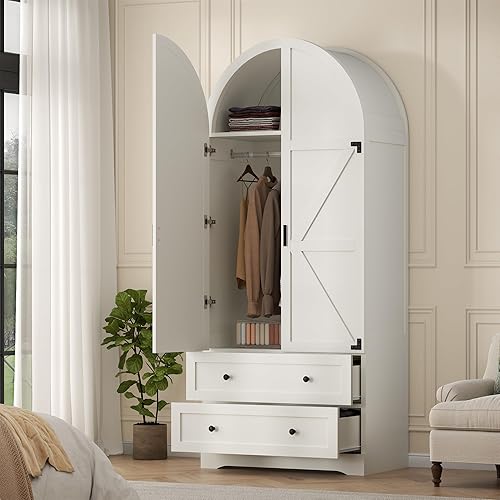 Miniatura 7 de Armario Ropero Blanco de 74.8" con 2 Cajones y 2 Puertas, Armario Alto de Dormitorio Independiente Gabinete de Almacenamiento con Estantes,