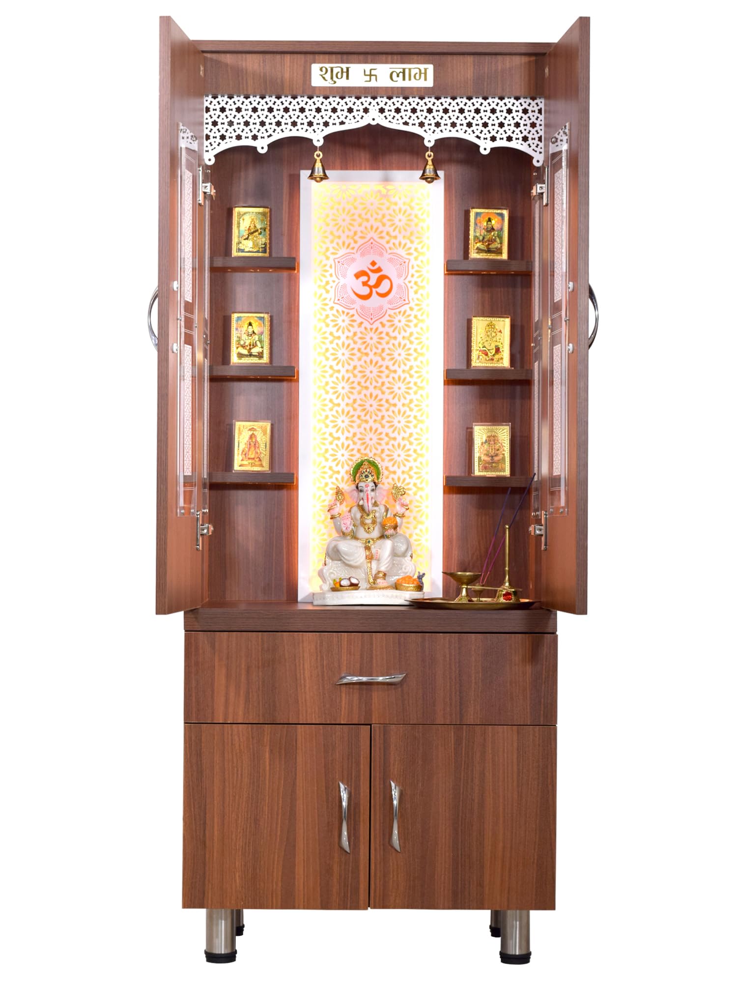 The Mandir Store Wooden Mandir/Home Temple/Large Mandir for Home 5 Feet Height/Mandir with Doors Fixed Shelves Cabinet Storage in Walnut Brown Color and Strip Lights (B0CKRK7PGZ) Amazon Price History, Amazon Price Tracker