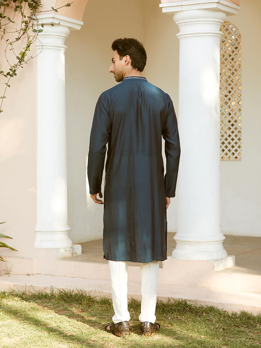 See Designs Men Full Sleeve Teal And Gold Chanderi Silk Sequins Mandarin Collar Side Slit Kurta - Sdkt2424Xl