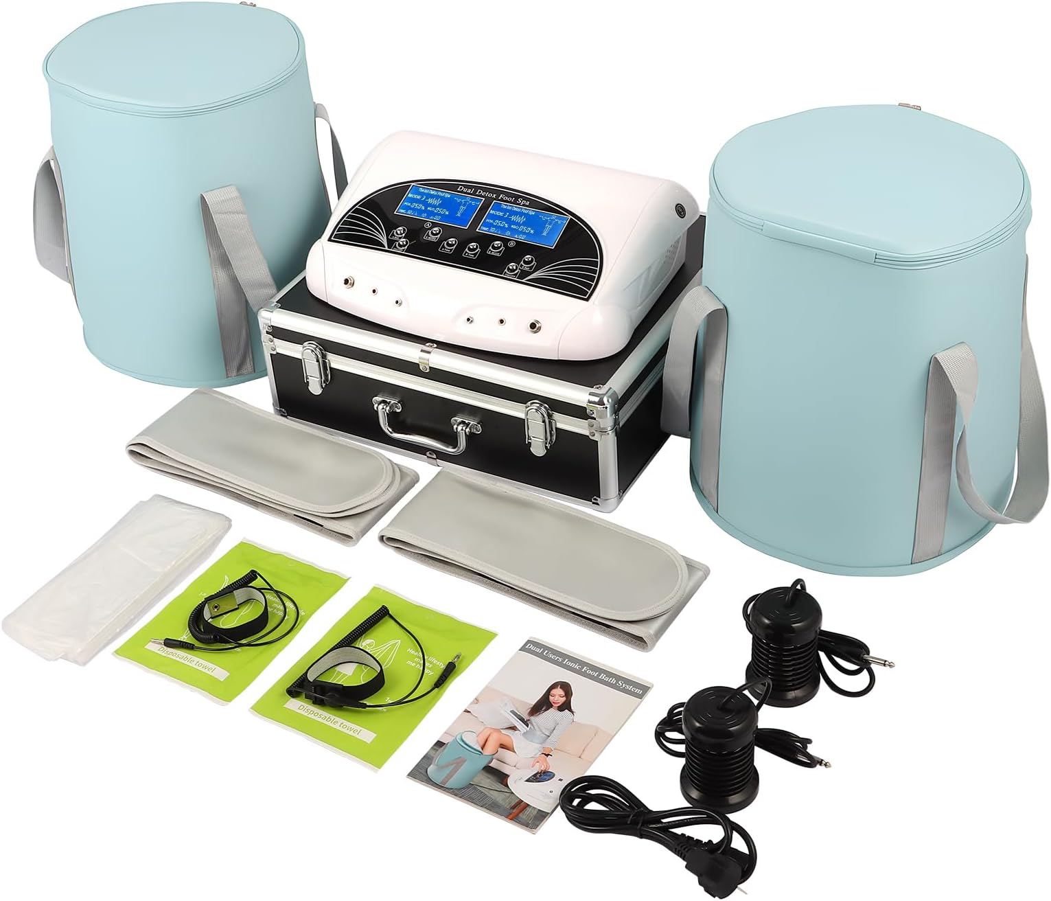 Dual Ionic Foot Bath Detox Machine, Digital LCD Display Detoxification Negative Hydrogen System with Black Aluminum Box,Two Foot Soaking Bath Bucket， Birthday Gift