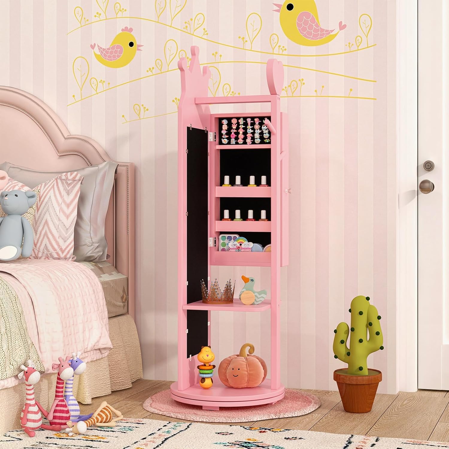 FANTASK Armario para joyas para niños giratorio 360°, armario con espejo 4 en 1 con espejo de cuerpo entero y perchero, organizador de joyas para niñas en rosa, soporte para joyas para niños a partir