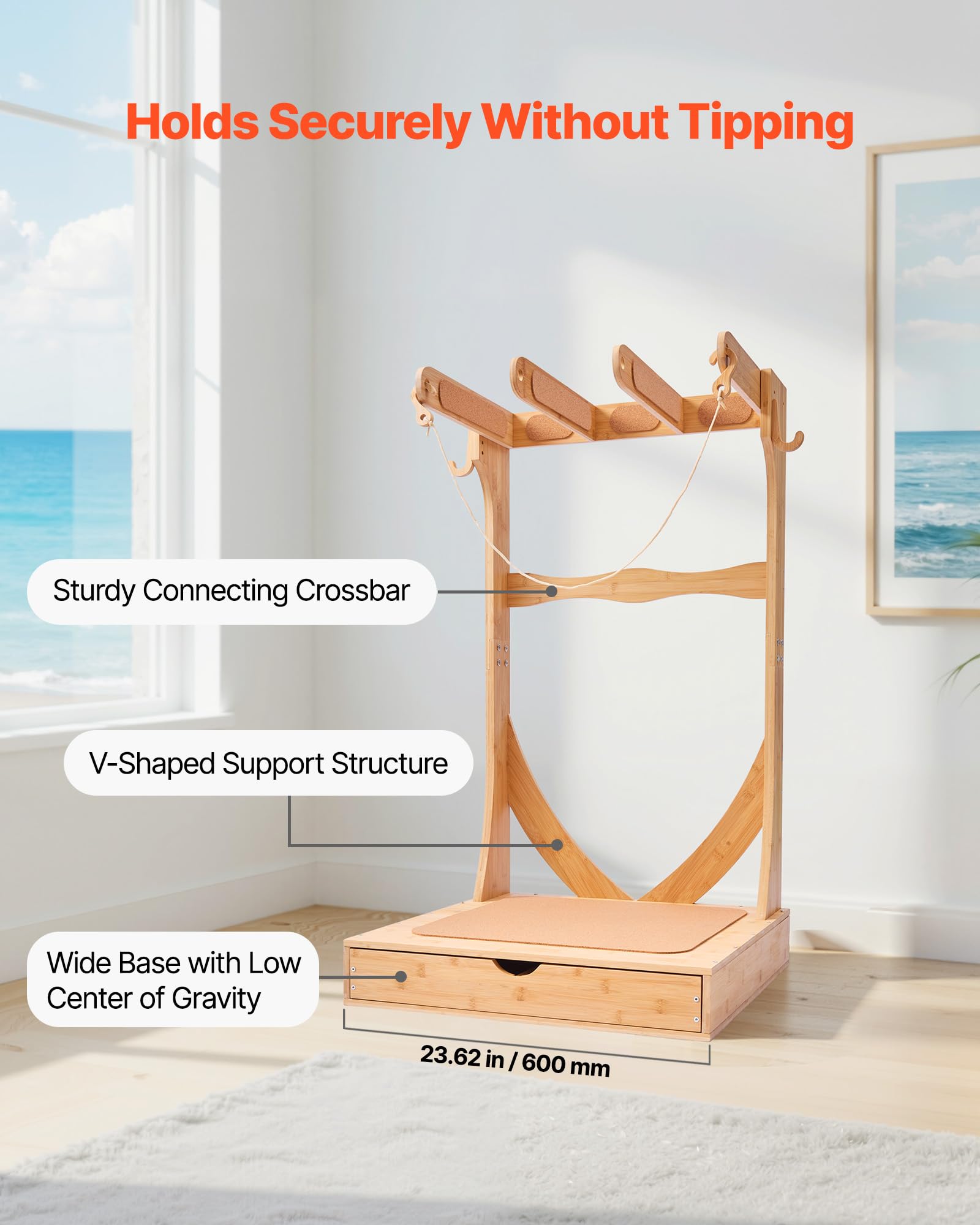 VEVOR Soporte Vertical para Tablas de Surf, Estante de Madera de 3 Niveles con Ganchos y Cajones