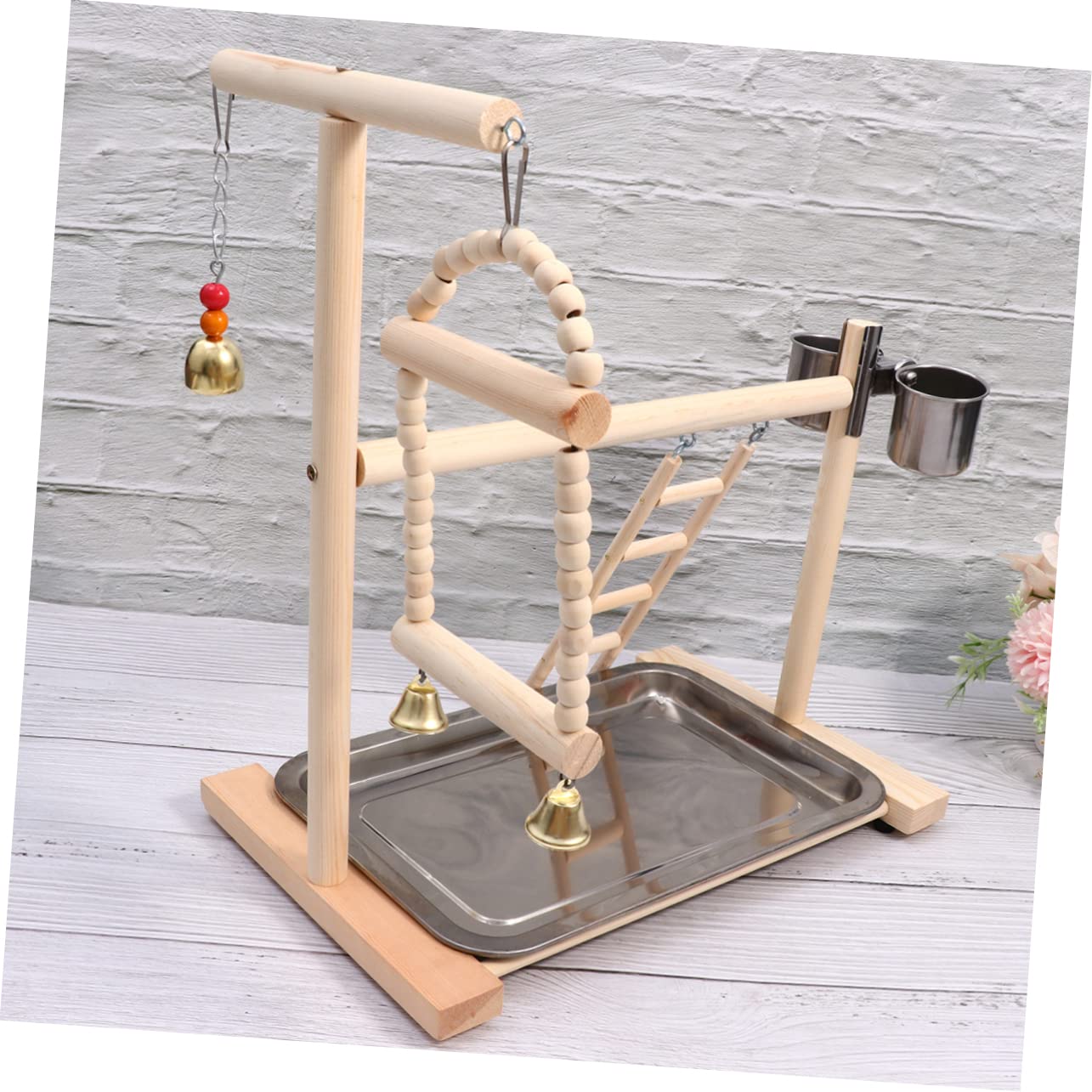 COLLBATH Supporto da Gioco per Pappagalli in Legno Ciotola in Acciaio Inox, per Gabbia o Giardino, Stabile e Resistente Colore Casuale