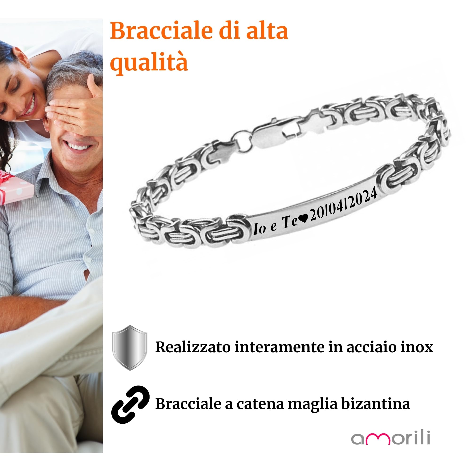 Bracciale Uomo Personalizzato con Incisione Acciaio Inox Catena Bizantina – Braccialetto Elegante con Nome Data Dedica – Design Intrecciato Regolabile – Idea Regalo Uomobcc2345