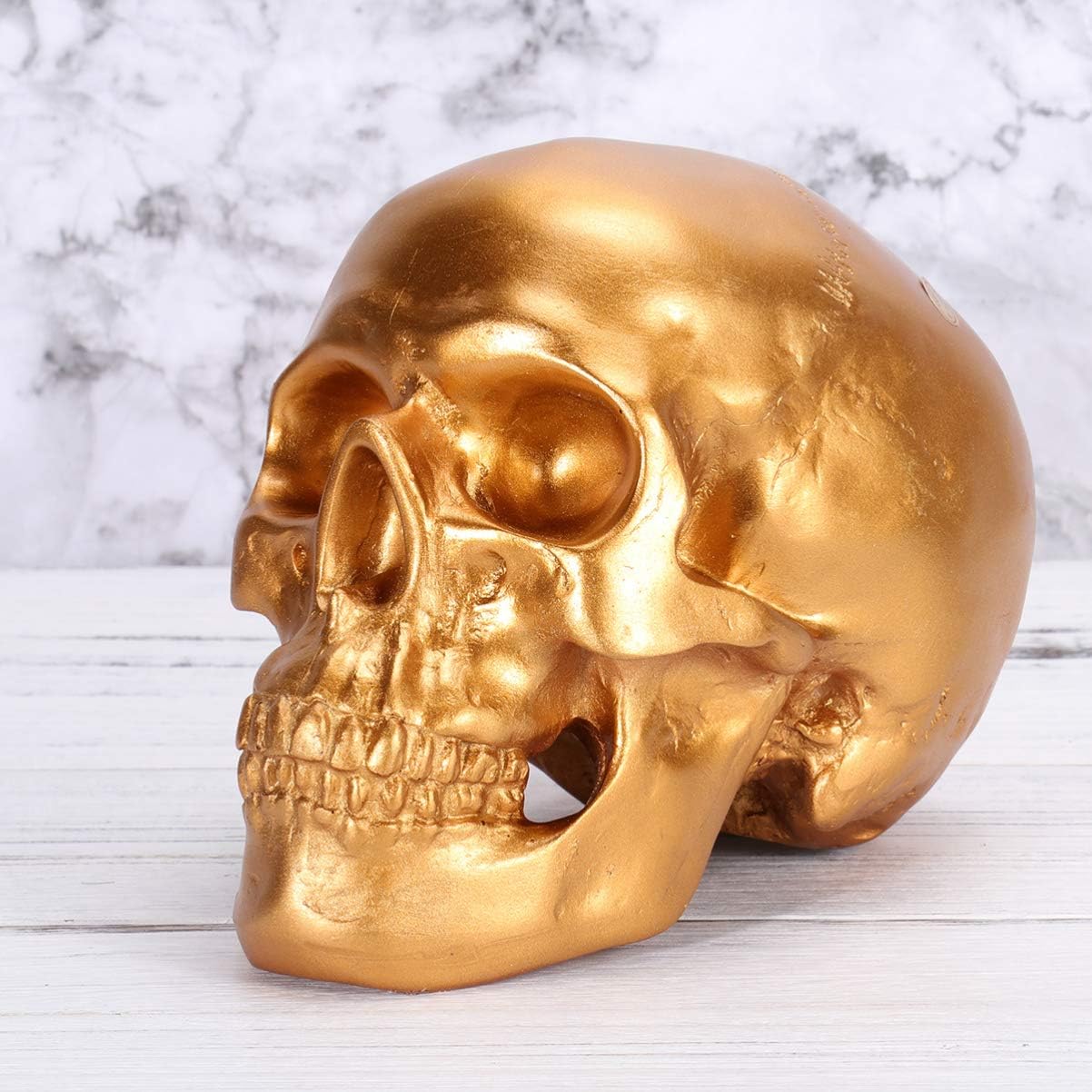 ULTNICE Simulation Skeleton Skull Piggy Bank, Resin Saving Photography Props Art Ornaments for Living Room Home Decor 1pc (Golden)