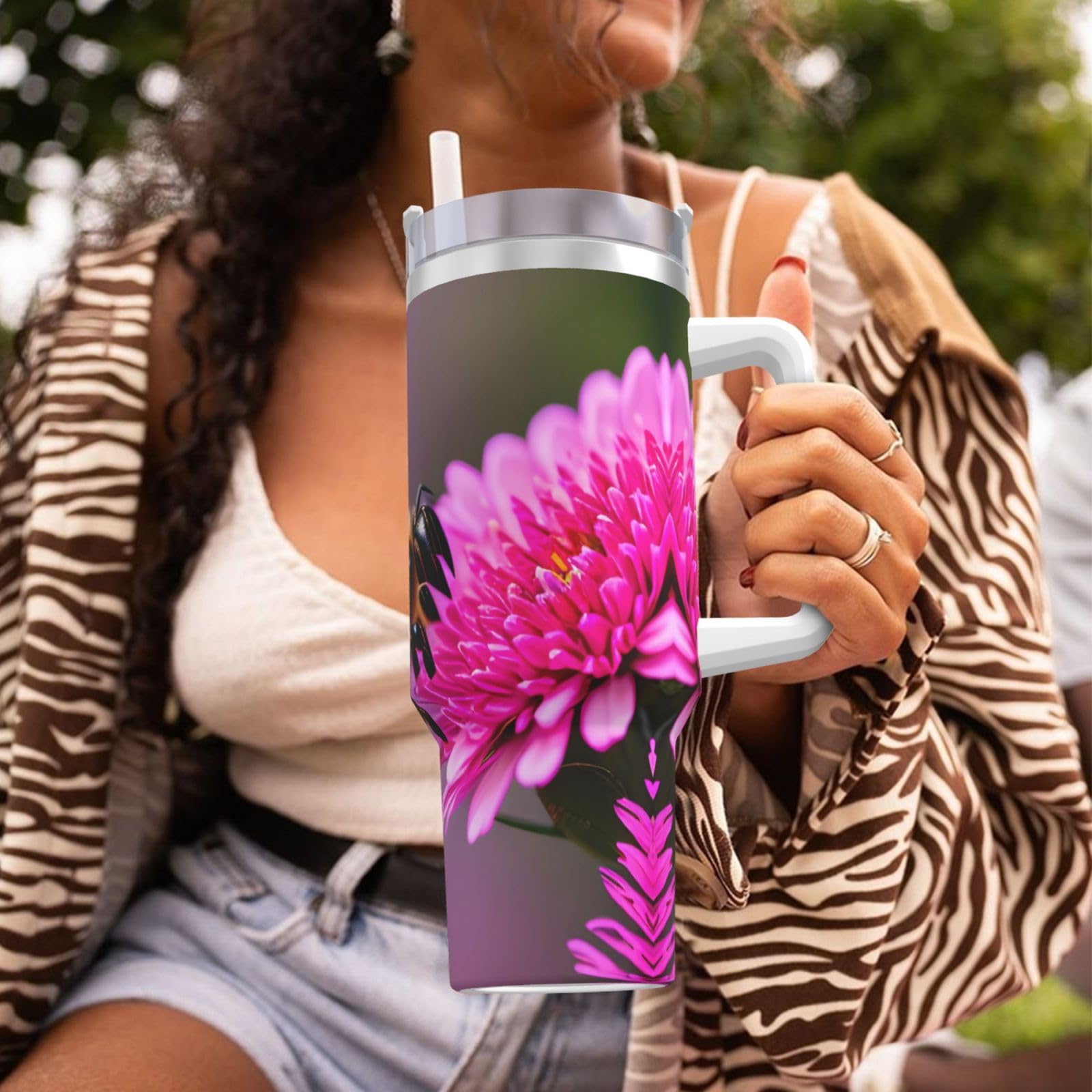 Bee Flying 1 Wasserflasche aus Edelstahl, doppelwandig, isoliert, mit Griff und Strohhalm-Deckel, 1,2 l
