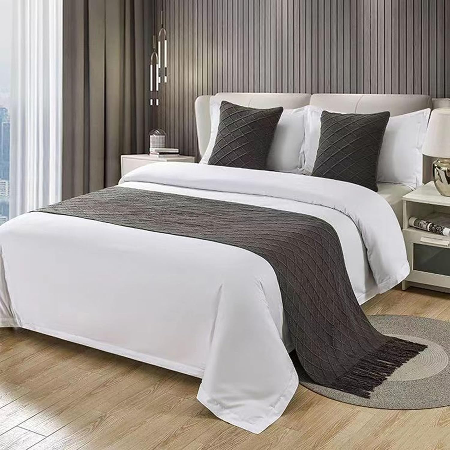 Knitted Bed Runners Scarves for King Size Bed with Tassels Woven Boho Throw Blanket Queen Bed Scarf Bedspread Decorative Bedding Protection for Hotels Homes Guestrooms,L-1*Pillowcase