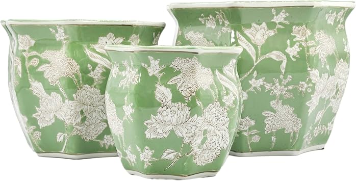 Galt International Green & White Round Fluted Floral Porcelain Ceramic Plant Flower Planter Pot Set of 3 7.5", 10", 13" Garden Pots Chinese Asian Design