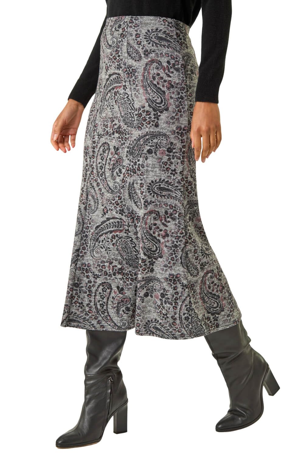 Roman Women's Grey Paisley Print Stretch Midi Skirt