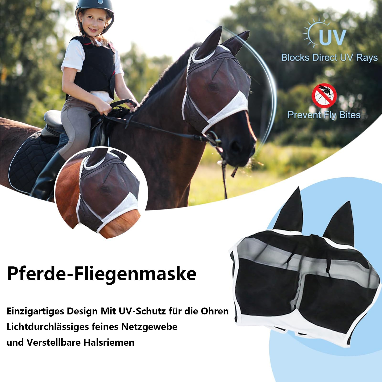 Fliegenmaske Pferd, fliegenmaske Pferd cob One Piece Fliegenhaube mit Fliegenohren für Pony, Kleine und Mittlere Pferde Elastisches Material, Atmungsaktiv, Leicht, UV-Schutz, Weich & Passgenau