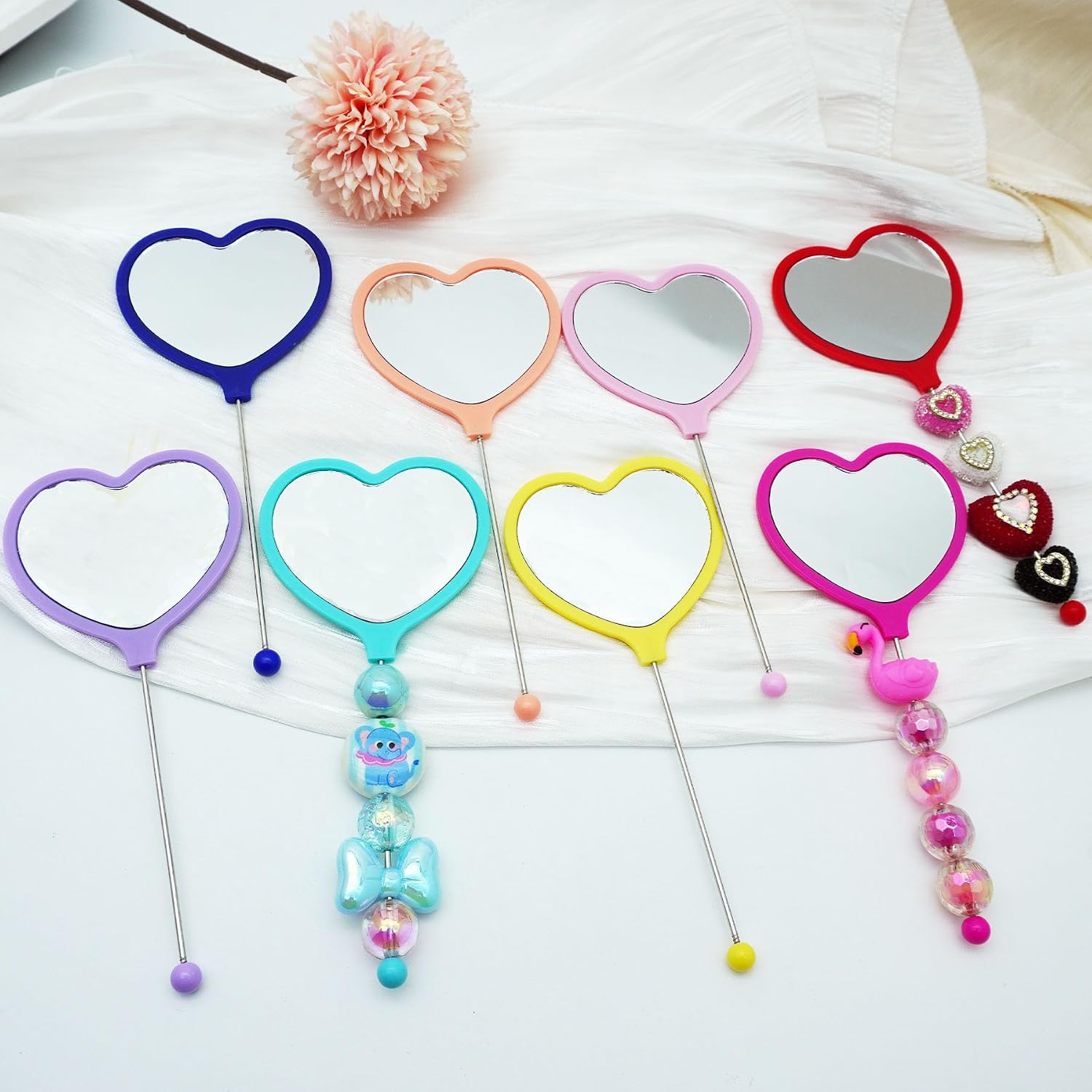 10 Pack Beadable Mirrors with Blank Bar Cute Travel Makeup Handheld Mirror Cosmetic Dazzling Mirror Portable Hand Mirrors for Women DIY Jewelry Making Beaded Crafts (Colorful-Heart Shape)