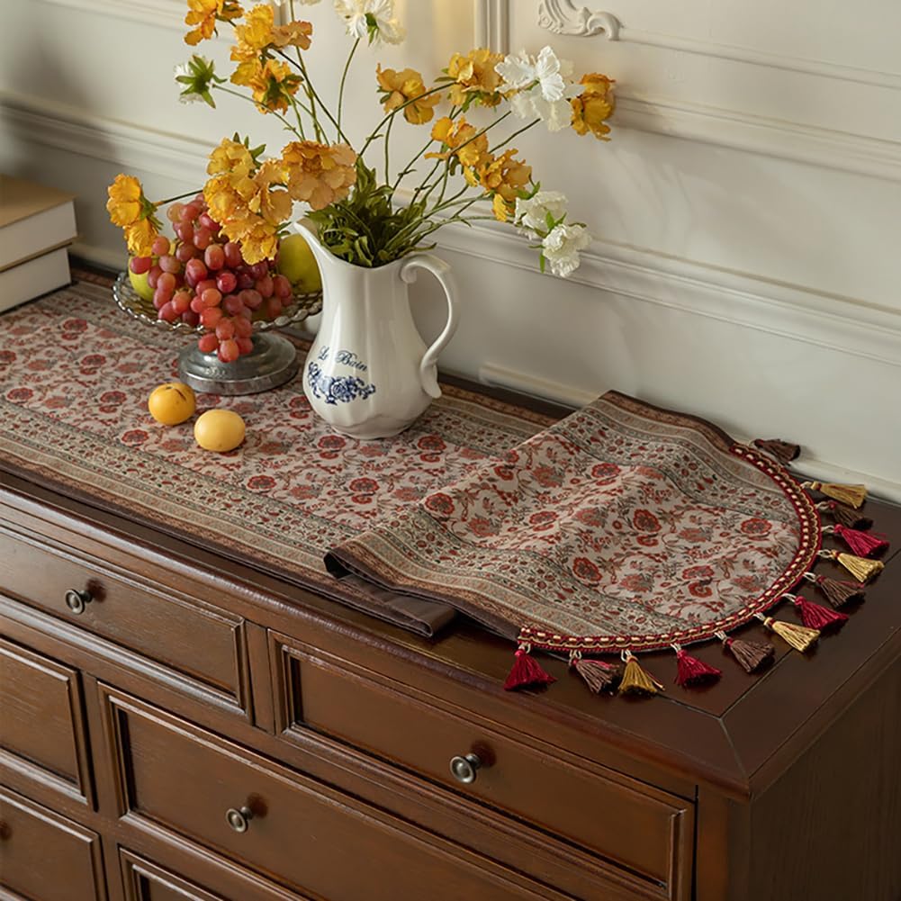 vctops Farmhouse Table Runner with Tassel, 71 Inches Long Rustic Floral Pattern Table Runner Rectangle Table Decoration for Kitchen, Dining Room, Wedding, Holiday, Party, Banquet (Type A,16"x71")