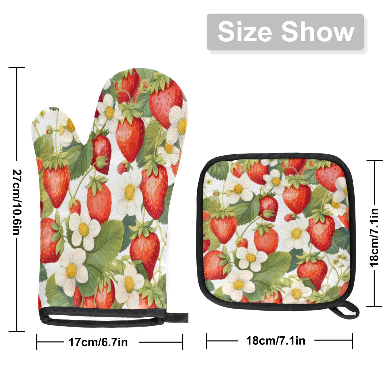Watercolor Strawberry Flowers Oven Mitts Kitchen Oven Gloves for Cooking Baking Heat Proof Lining Cotton Kitchen Potholder Mittens Pot Holders Hot Pads for Chef Women Men