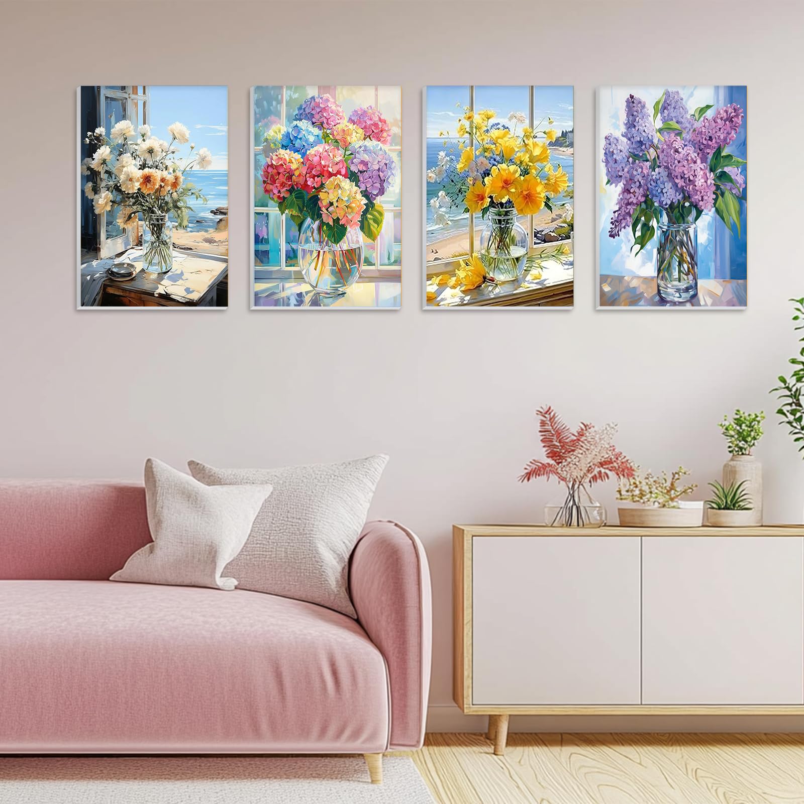 NAIMOER 4 stuks ingelijste verf op nummer vaas bloemen voor volwassenen kinderen, doe-het-zelf eenvoudig venster bloemen schilderen op nummers met frame houten houder, schilderkunst op canvas